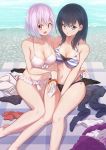  2girls :d :o absurdres barefoot beach bikini black_hair blue_eyes breasts caibao clothes_removed collarbone eyebrows_visible_through_hair frilled_bikini frills highres large_breasts looking_at_viewer multiple_girls navel open_mouth orange_scrunchie pink_hair red_eyes scrunchie shinjou_akane short_hair side-tie_bikini sitting smile ssss.gridman swimsuit takarada_rikka water white_bikini wrist_scrunchie 