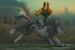 1girl ass blurry blurry_background broken broken_chain castle chain depth_of_field earrings fangs glowing glowing_hair grass imp jewelry link_(wolf) mask midna miles-df pointy_ears riding running tail the_legend_of_zelda the_legend_of_zelda:_twilight_princess tongue tongue_out tree two-tone_skin wolf 