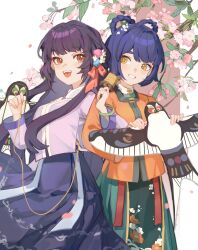  2girls absurdres bird black_hair blue_hair braid braided_hair_rings chinese_clothes flower genshin_impact hair_ornament hair_rings highres holding holding_kite kite long_hair long_sleeves multiple_girls open_mouth purple_hair qxs red_eyes short_hair smile xiangling_(genshin_impact) yellow_eyes 