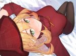  1girl alternate_costume bangs beret blonde_hair blush from_above girls_frontline green_eyes hat jewelry looking_at_viewer necklace pantyhose px4_storm_(girls_frontline) red_headwear red_sweater shk955 sitting smile solo sweater 
