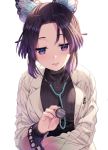  1girl bangs black_hair black_sweater breasts butterfly_hair_ornament eyebrows_visible_through_hair forehead gradient_hair hair_ornament kimetsu_no_yaiba kochou_shinobu labcoat long_sleeves looking_at_viewer medium_breasts multicolored_hair open_clothes parted_bangs parted_lips purple_hair ribbed_sweater rosuuri simple_background smile solo stethoscope sweater twitter_username upper_body violet_eyes white_background 