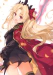  1girl :d absurdres ass bangs belt black_dress black_legwear black_panties blonde_hair blush bow breasts cape cowboy_shot dress earrings ereshkigal_(fate/grand_order) eyebrows_visible_through_hair fate/grand_order fate_(series) floating_hair gold_trim hair_bow hair_ornament hair_ribbon highres infinity jewelry long_hair long_sleeves looking_at_viewer meslamtaea_(weapon) mishima_kurone non-web_source open_mouth panties pantyshot pantyshot_(standing) parted_bangs red_bow red_cape red_eyes ribbon scan simple_background single_thighhigh skull smile solo standing thigh-highs thighs tiara two_side_up underwear upskirt very_long_hair wavy_hair white_background wind wind_lift 