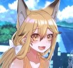  1girl absurdres animal_ears black_hair blush bow brown_eyes brown_hair collarbone electric_fan eyebrows_visible_through_hair ezo_red_fox_(kemono_friends) fang fox_ears hair_bow highres kemono_friends long_hair looking_at_viewer multicolored_hair open_mouth ponta_(matsuokazieg) smile solo two-tone_hair upper_body very_long_hair white_bow 