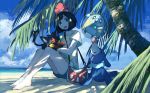  1girl bag bangs bare_legs barefoot beach beanie bird blue_eyes blue_sky blunt_bangs cat closed_eyes clouds cloudy_sky collarbone creature day floral_print gen_7_pokemon green_shorts handbag hat highres litten looking_to_the_side mizuki_(pokemon) ocean open_mouth outdoors owl palm_tree pippi_(pixiv_1922055) pokemon pokemon_(creature) pokemon_(game) pokemon_sm popplio red_headwear round_teeth rowlet shirt short_hair shorts sitting sky smile teeth tree water yellow_sclera yellow_shirt 