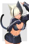  1girl absurdres animal_ears belt black_bra bra breasts cat_ears cat_tail character_request copyright_request hair_over_one_eye highres index_finger_raised large_breasts looking_at_viewer miniskirt multicolored_hair navel navel_piercing piercing sakuhiko shirt_lift short_hair signature skirt sleeves_past_wrists solo tail tan tongue tongue_out tongue_piercing two-tone_hair underwear 