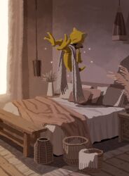  abra absurdres basket bed blanket closed_eyes curtains floating hanging_light highres hyogonosuke indoors no_humans plant pokemon pokemon_(creature) rug solo vase window 