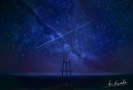  alu.m_(alpcmas) blue_theme commentary dark easel galaxy horizon night night_sky no_humans ocean original outdoors scenery shooting_star signature sky star_(sky) starry_sky 