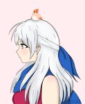 1girl animal animal_on_head bangle bare_shoulders bird bird_on_head blue_scarf blush bracelet dress fire_emblem fire_emblem:_radiant_dawn fire_emblem_heroes hair_ribbon half_updo jewelry kircca long_hair looking_away looking_to_the_side micaiah_(fire_emblem) on_head pink_background ribbon scarf serious silver_hair simple_background sketch sleeveless sleeveless_dress solo upper_body yellow_eyes yune_(fire_emblem) 