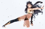  1girl absurdres armlet asymmetrical_legwear asymmetrical_sleeves bangs bare_shoulders barefoot bikini black_bikini_bottom black_hair blush breasts detached_sleeves earrings fate/grand_order fate_(series) feet flying_kick highleg highleg_bikini highres hoop_earrings ishtar_(fate/grand_order) jewelry kicking legs long_hair long_legs medium_breasts navel neck_ring open_mouth parted_bangs pelvic_curtain red_eyes simple_background single_detached_sleeve single_thighhigh solo swimsuit thigh-highs thighs tiara toeless_legwear two_side_up white_background white_bikini_top yang-do 