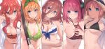  5girls bangs bare_arms bare_shoulders bikini black_bikini black_ribbon blue_eyes blush breasts brown_hair butterfly_hair_ornament closed_mouth collared_shirt commentary_request dress_shirt eyebrows_visible_through_hair frilled_bikini frills go-toubun_no_hanayome green_bikini green_ribbon hair_between_eyes hair_ornament hair_ribbon halterneck hat highres large_breasts long_hair multiple_girls nakano_ichika nakano_itsuki nakano_miku nakano_nino nakano_yotsuba navel open_clothes open_shirt orange_hair pink_hair ponytail red_bikini redhead ribbon shirt short_hair sidelocks smile star star_hair_ornament sun_hat swimsuit to_gemichi under_boob white_bikini white_shirt 