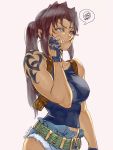  1girl ajifriparty belt black_lagoon brown_eyes brown_hair cigarette covered_nipples denim denim_shorts fingerless_gloves gloves highres holster looking_to_the_side ponytail revy_(black_lagoon) shorts shoulder_holster smoking solo tank_top tattoo toned unbuttoned white_background 