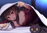  1girl bangs bare_shoulders bed bed_sheet blush breasts brown_hair chomusuke collar dress kono_subarashii_sekai_ni_shukufuku_wo! looking_at_viewer medium_breasts megumin open_mouth red_dress red_eyes short_hair_with_long_locks smile solo sweat yottan 