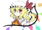  1girl ascot blonde_hair commentary_request eyebrows_visible_through_hair flandre_scarlet goma_(gomasamune) hair_between_eyes hat hat_ribbon highres looking_at_viewer mob_cap red_eyes ribbon short_hair smile solo touhou upper_body white_background wings 