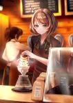  2girls apron blurry blurry_background blush brown_hair caocaogelato coffee counter cup display_case highres indoors multiple_girls original ponytail pouring short_hair sign smile solo_focus 