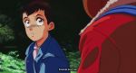  90s artist_name blue_jacket blurry_foreground brown_eyes brown_hair character_request close-up commentary_request dmitry_grozov english_text forest from_behind fur_collar highres jacket leaf looking_at_another nature open_clothes open_jacket plant red_jacket russian_commentary short_hair stranger_things subtitled tree watermark 