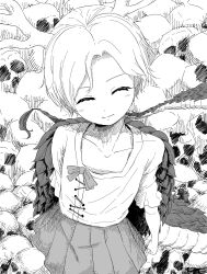  1girl antlers blonde_hair closed_eyes closed_mouth dragon_girl dragon_horns dragon_tail fur-tipped_tail highres horns kicchou_yachie monochrome monster_girl pile_of_skulls pleated_skirt scales shirt short_hair short_sleeves skirt skull smile solo square_neckline tail touhou turtle_shell uzou_ck0l65ckol47909 