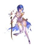  1girl arm_guards armor bangs blue_eyes blue_hair boots breastplate catria_(fire_emblem) dress elbow_gloves fire_emblem fire_emblem:_mystery_of_the_emblem fire_emblem_echoes:_shadows_of_valentia fire_emblem_heroes full_body gloves headband highres kakage short_hair shoulder_pads solo sword thigh-highs thigh_boots weapon white_footwear 