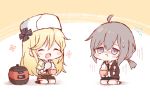  2girls ahoge blonde_hair blush_stickers bowl chibi closed_eyes closed_mouth commentary_request fur_hat girls_frontline grey_hair hat highres holding holding_spoon honyang long_hair long_sleeves m200_(girls_frontline) multiple_girls nagant_revolver_(girls_frontline) open_mouth rice rice_bowl rice_cooker seiza sitting skirt spoon white_headwear 
