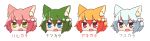  4girls 7th_dragon 7th_dragon_(series) :d alternate_eye_color alternate_hair_color animal_ear_fluff animal_ears bangs blue_eyes blush brown_eyes cat_ears eyebrows_visible_through_hair fang green_eyes green_hair hair_between_eyes hair_bobbles hair_ornament harukara_(7th_dragon) head_only highres multiple_girls naga_u one_side_up open_mouth orange_hair pink_hair silver_hair simple_background smile translated violet_eyes white_background 