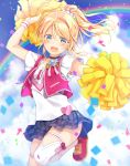  1girl ayase_eli bangs birthday blonde_hair blue_eyes checkered checkered_skirt clouds cloudy_sky commentary_request confetti eyebrows_visible_through_hair heart highres long_hair looking_at_viewer love_live! love_live!_school_idol_project miniskirt mogu_(au1127) pom_poms ponytail rainbow scrunchie short_sleeves skirt sky solo vest white_legwear white_scrunchie wristband 