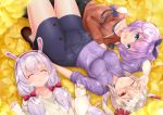  3girls :d :o ;) absurdres animal_ears arm_up ayanami_(azur_lane) azur_lane bangs black_ribbon blue_skirt blush bow breasts brown_eyes brown_footwear brown_jacket brown_shirt closed_eyes collared_shirt commentary_request dress_shirt eyebrows_visible_through_hair ginkgo ginkgo_leaf green_eyes hair_between_eyes hair_bow hair_ornament hair_ribbon hair_scrunchie hairband hairclip hands_up headgear highres impossible_clothes impossible_skirt jacket javelin_(azur_lane) laffey_(azur_lane) light_brown_hair long_sleeves low_twintails lying medium_breasts mentai_mayo multiple_girls on_back one_eye_closed open_mouth parted_lips purple_hair purple_shirt rabbit_ears red_bow red_hairband red_scrunchie ribbon scrunchie shirt shoes short_sleeves shoulder_cutout side_ponytail silver_hair skirt sleeves_past_wrists smile twintails 