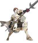  1boy 88_taho armor armored_boots boots cape conrad_(fire_emblem) fire_emblem fire_emblem_echoes:_shadows_of_valentia fire_emblem_heroes full_body fur_trim gloves highres mask official_art orange_hair polearm scarf solo spear transparent_background weapon 
