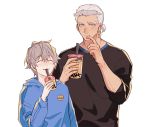  2boys alternate_costume ashe_ubert black_shirt blue_eyes bubble_tea closed_eyes contemporary cowboy_shot dedue_molinaro drinking drinking_straw earrings eyebrows_visible_through_hair fire_emblem fire_emblem:_three_houses freckles guiyuy hand_to_own_mouth hood hoodie jewelry long_sleeves multiple_boys shirt short_hair short_sleeves silver_hair simple_background smile white_background 
