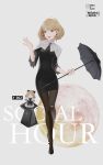  2019 2girls :d :o alice_margatroid alternate_costume bag bangs black_dress black_footwear black_legwear black_umbrella blonde_hair blue_eyes breasts brooch capelet commentary dress earrings full_body grey_background hand_up highres hillly_(maiwetea) holding holding_bag holding_umbrella jewelry long_sleeves looking_at_viewer medium_breasts multiple_girls open_mouth pantyhose shanghai_doll short_dress short_hair simple_background smile standing touhou umbrella white_capelet 