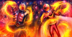  2boys absurdres armor black_coat black_gloves black_pants bodysuit bracer cape coat commentary_request dragon feet_out_of_frame fighting_stance flame_style gem gloves gold_belt gold_trim helmet highres holding jewelry kamen_rider kamen_rider_wizard kamen_rider_wizard_(series) long_coat lunarhowler magic magic_circle magiphone magired magistick mahou_sentai_magiranger male_focus multiple_boys ornate_ring pants red_bodysuit red_cape red_gemstone red_gloves red_helmet rider_belt ring signature simple_background super_sentai tokusatsu trait_connection twitter_username white_background wizardriver 