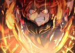  1girl angry breasts fire homura_(senran_kagura) miyaryuu_(sunflower) red_eyes redhead senran_kagura senran_kagura_shoujo-tachi_no_shin&#039;ei tan teeth weapon weapon_on_back 