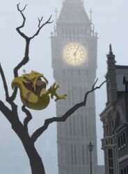  absurdres arms_behind_head bare_tree building crossed_legs elizabeth_tower floating highres hyogonosuke kadabra lamppost no_humans outdoors pokemon pokemon_(creature) sleeping solo spoon tower tree 