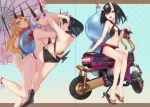  3girls bikini black_bikini black_hair blonde_hair breasts commentary_request facial_mark fate/grand_order fate_(series) flat_chest gourd ground_vehicle hair_between_eyes hair_ornament ibaraki_douji_(fate/grand_order) large_breasts long_hair lying motor_vehicle motorcycle multiple_girls multiple_views ohland on_motorcycle on_side oni oni_horns oriental_umbrella red_eyes sandals short_hair shuten_douji_(fate/grand_order) sideboob silver_hair sitting swimsuit tomoe_gozen_(fate/grand_order) umbrella violet_eyes white_swimsuit yellow_eyes 