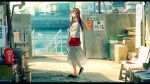  1girl :d akagi_(kantai_collection) bag blew_andwhite blush breasts brown_eyes brown_hair casual chair eyebrows_visible_through_hair hair_between_eyes highres kantai_collection kure_(city) long_hair looking_at_viewer open_mouth outdoors river skirt smile solo watch watch 