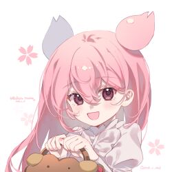 1girl :d absurdres bag bingqilintu blush cherry_blossom_cookie chinese_commentary commentary cookie_run double_bun frilled_shirt frills hair_between_eyes hair_bun handbag highres humanization long_hair looking_at_viewer open_mouth pink_eyes pink_hair shirt simple_background smile solo upper_body very_long_hair white_background white_shirt 
