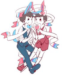  2boys alternate_costume animal_ears antenna_hair banchi_(bantyanizumu) blue_bow blue_bowtie blue_eyes blue_footwear blue_pants blue_vest blunt_bangs bow bowtie brown_hair buttons closed_mouth collared_shirt commentary_request cosplay dress_pants dress_shirt dress_shoes formal full_body hair_bow holding_hands interlocked_fingers kemonomimi_mode long_sleeves matsuno_karamatsu matsuno_osomatsu multiple_boys open_mouth osomatsu-san osomatsu_(series) over-kneehighs pants pink_bow pink_bowtie pink_eyes pokemon red_footwear red_shorts red_vest shirt short_hair shorts simple_background sleeve_cuffs smile socks sylveon sylveon_(cosplay) tail thick_eyebrows thigh-highs twitter_username two-tone_bow two-tone_bowtie vest white_background white_bow white_shirt white_socks 