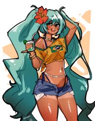  1girl absurdres ayanobro blush brazilian_flag_print brazilian_miku cocktail_glass cup denim denim_shorts drinking_glass fang flower green_eyes green_hair hatsune_miku highleg highleg_panties highres long_hair open_mouth panties pinky_out shorts tan tanlines twintails underwear very_long_hair vocaloid 