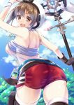  1girl :d atelier_(series) atelier_ryza blue_sky breasts brown_gloves brown_hair brown_legwear clouds commentary_request day gloves hair_ornament hairclip hat holding holding_staff jewelry kouzuki_hajime large_breasts looking_at_viewer looking_back necklace open_mouth red_shorts reisalin_stout short_hair short_shorts shorts single_glove sky smile solo staff star star_necklace thigh-highs thighs white_headwear white_legwear 