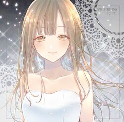  1girl arms_at_sides bangs bare_arms blunt_bangs blush brown_eyes brown_hair closed_mouth collarbone dated dress eyebrows_visible_through_hair grey_background happy_birthday idolmaster idolmaster_cinderella_girls lace_background long_hair looking_at_viewer mizumoto_yukari smile solo sparkle upper_body utsugi_chisako_(shironil) white_dress wind 