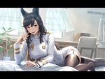  1girl :d animal_ears artist_name atago_(azur_lane) azur_lane black_hair breasts brown_eyes brown_legwear buttons chair cuboon curtains extra_ears garter_straps hand_up indoors jacket large_breasts long_hair long_sleeves looking_at_viewer lying military military_uniform miniskirt mole mole_under_eye no_shoes on_bed open_mouth plant potted_plant skirt smile solo table thigh-highs uniform white_jacket white_skirt window 