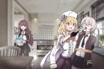  3girls bad_food bound commentary_request feeding food fur_hat girls_frontline gloves gomrang hat highres kitchen korean_commentary m200_(girls_frontline) mittens multiple_girls nagant_revolver_(girls_frontline) necktie pot spoon tied_up ushanka wa2000_(girls_frontline) 