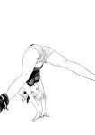  1girl breasts greyscale handstand henken highres looking_at_viewer monochrome navel original shirt short_shorts shorts simple_background solo white_background 