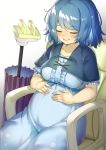  1girl blue_capelet blue_dress blue_hair blue_ribbon blush breasts capelet chair closed_eyes collarbone commentary_request dress eyebrows_visible_through_hair happy large_breasts on_chair piyodesu pregnant ribbon short_hair sitting smile solo tatara_kogasa touhou umbrella 