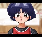  1girl basketball_hoop basketball_uniform brown_eyes gymnasium indoors letterboxed lips looking_at_viewer open_mouth portrait purple_hair ranma_1/2 short_hair signature solo sportswear sweat tendou_akane wanta_(futoshi) 