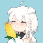  13o 1girl :3 ahoge animal_ears bangs blue_background blush braid closed_eyes closed_mouth corn eyebrows_visible_through_hair food hair_between_eyes hands_up holding holding_food hololive long_sleeves shirakami_fubuki simple_background sleeves_past_fingers sleeves_past_wrists solo upper_body virtual_youtuber white_hair 