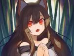  1girl animal_ears bamboo bamboo_forest bare_shoulders brown_hair dress fangs forest hair_between_eyes hands_clasped highres ikasoba imaizumi_kagerou long_hair nature open_mouth own_hands_together red_eyes shadow solo touhou upper_body wolf_ears 