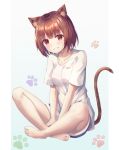  1girl absurdres animal_ears bangs blush breasts brown_hair cat_ears cat_paws cat_tail collarbone commentary_request denim denim_shorts eyebrows_visible_through_hair gyungsin highres looking_at_viewer original paws red_eyes shirt short_hair shorts simple_background sitting small_breasts smile solo tail white_shirt 