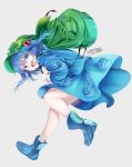  1girl :d artist_name backpack bag bangs blue_eyes blue_footwear blue_hair blue_jacket blue_skirt boots cabbie_hat chikuwa_savi commentary green_headwear grey_background hair_between_eyes hair_bobbles hair_ornament hat jacket kawashiro_nitori long_sleeves looking_at_viewer miniskirt open_mouth pocket rubber_boots short_hair simple_background skirt skirt_set smile solo touhou twitter_username two_side_up 