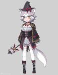  1girl alternate_costume animal_ears black_capelet black_footwear black_headwear blue_eyes boots bow capelet collar commentary_request dog_(mixed_breed)_(kemono_friends) dog_ears dog_tail dress eyebrows_visible_through_hair frilled_dress frilled_sleeves frills full_body grey_hair hat hat_bow heterochromia kemono_friends long_sleeves multicolored_hair neck_ribbon nyifu red_collar ribbon short_hair solo tail thigh-highs wand white_dress white_hair white_legwear witch_costume witch_hat yellow_eyes zettai_ryouiki 