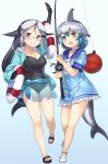  2girls bare_legs blue_hair blush california_sea_lion_(kemono_friends) choker common_bottlenose_dolphin_(kemono_friends) dark_blue_hair dolphin_tail dorsal_fin dress elbow_gloves fishing_rod flippers frilled_dress frills full_body glasses gloves grey_hair hair_tie hand_up highres innertube jacket kemono_friends long_hair multicolored_hair multiple_girls one-piece_swimsuit sailor_dress sandals short_hair short_sleeves swimsuit tadano_magu white_hair 