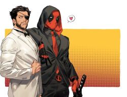  2boys beard belt black_pants bow bowtie brown_hair buttons closed_mouth commentary_request deadpool deadpool_&amp;_wolverine deadpool_(series) eyepatch facial_hair formal gloves heart highres holding holding_sword holding_weapon hood hood_up jacket katana korean_commentary long_sleeves looking_to_the_side male_focus marvel marvel_cinematic_universe mask mature_male multiple_boys muscular muscular_male necktie official_alternate_costume pants red_mask samban_doyo shirt short_hair spoken_heart suit sword v weapon white_jacket white_shirt wolverine_(x-men) x-men 